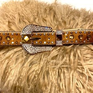 Western Cowgirl hair on hide BLING belt with crystals, rhinestones Bronze M